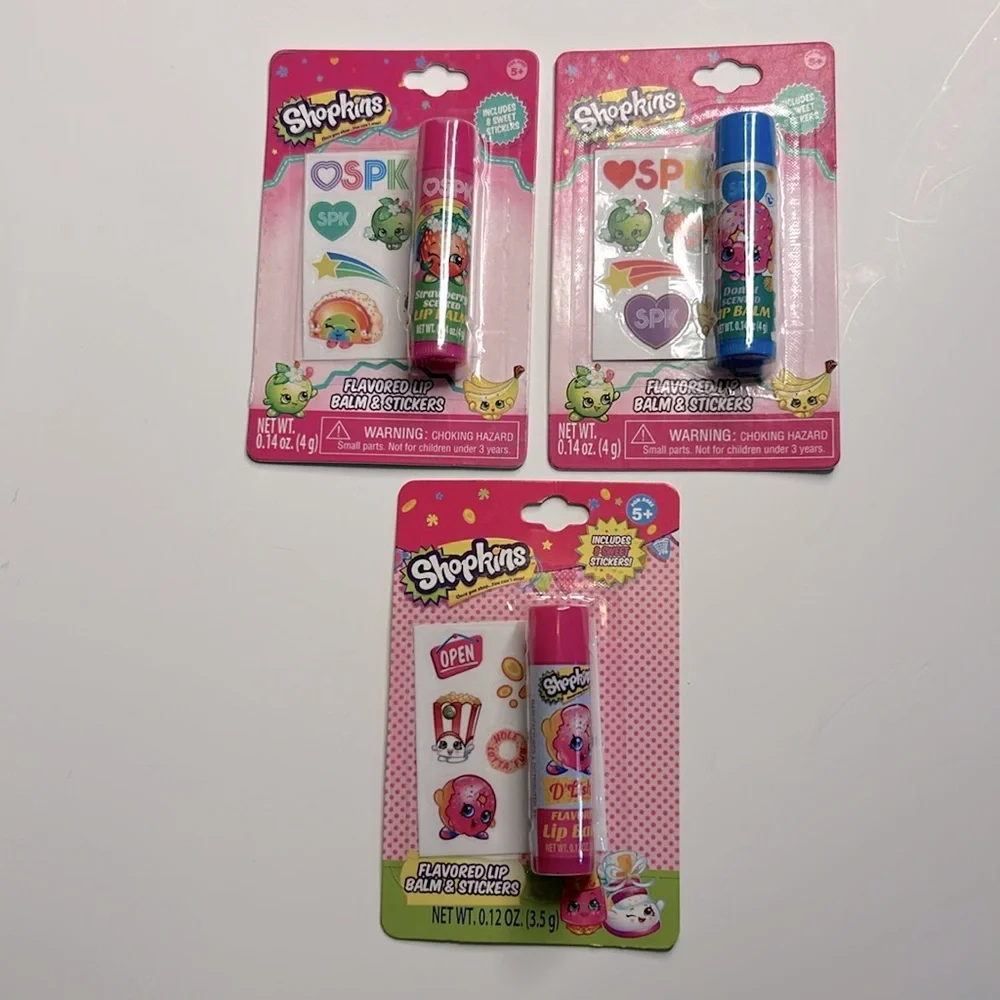 Shopkins Lip Balm & Sticker Bundle- D'lish Donut & Strawberry Kiss Quantity of 3